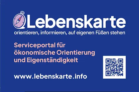 Logo der Lebenskarte, Serviceportal für wirtschaftliche Orientierung und Eigenständigkeit mit QR-Code und Website